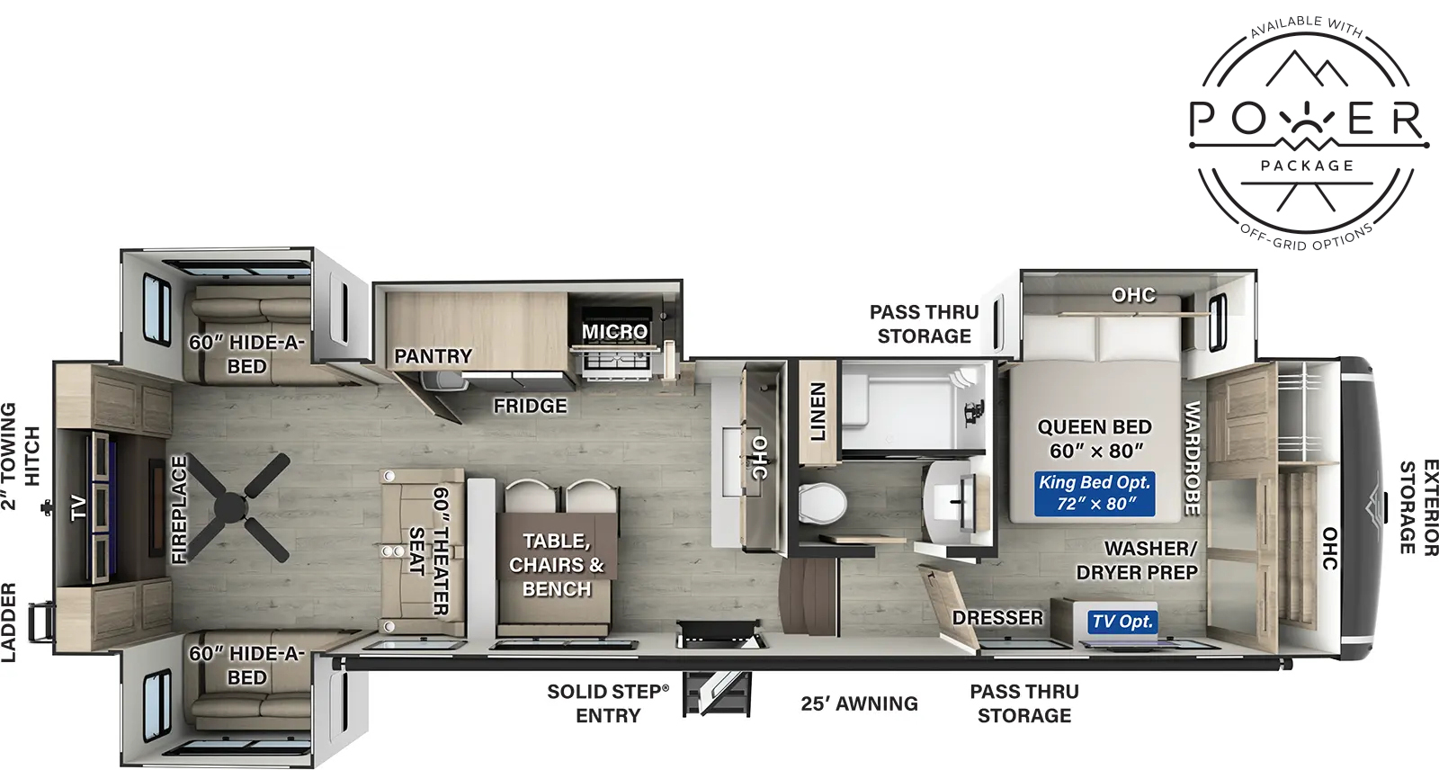 The Flagstaff Classic Fifth Wheels F375RL has one entry and four slide outs. Exterior features include: fiberglass exterior and 25' awning. Interiors features include: front bedroom and rear living.